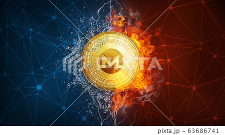 Gold Monero coin hard fork in fire flame, lightning and water splashes. 63686741