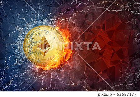 Gold ethereum coin hard fork in fire flame, lightning and water splashes. 63687177