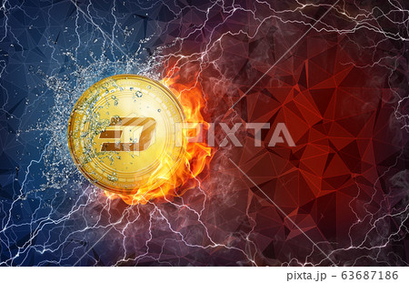Gold dash coin hard fork in fire flame, lightning and water splashes. 63687186
