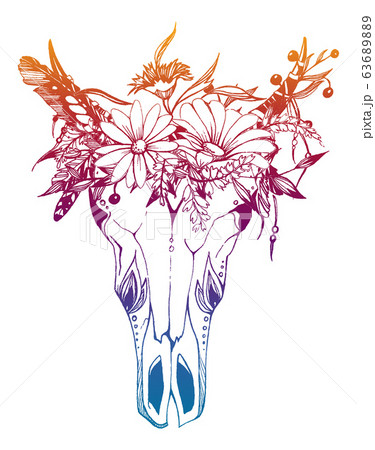 Cow, buffalo, bull skull in tribal style with flowers. Bohemian, boho vector illustration. Wild and free ethnic gypsy symbol. Cow, buffalo, bull skull in tribal style with flowers. Bohemian, boho vector illustration. Wild and free ethnic gypsy symbol. 63689889