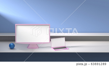 ノートパソコンと大画面モニタでおしゃれにテレワーク 在宅勤務 テキストスペース Cgのイラスト素材 ノートパソコンと大画面モニタでおしゃれにテレワーク 在宅勤務 テキストスペース Cgのイラスト素材
