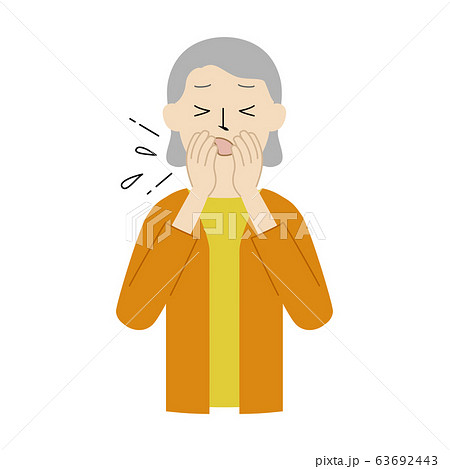 咳やくしゃみが出た時に手で口や鼻を覆うシニア女性のイラスト 咳やくしゃみが出た時に手で口や鼻を覆うシニア女性のイラスト 63692443