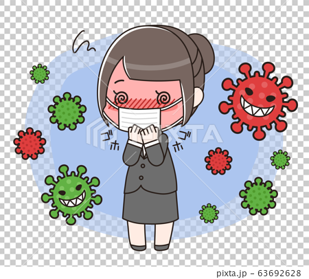 新型コロナウイルス（COVID-19）に囲まれて咳をしているスーツ女性 63692628