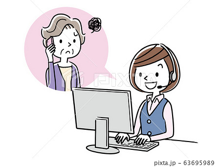 イラスト素材: コールセンター、オペレーターの女性と会話するシニア女性 イラスト素材: コールセンター、オペレーターの女性と会話するシニア女性 63695989