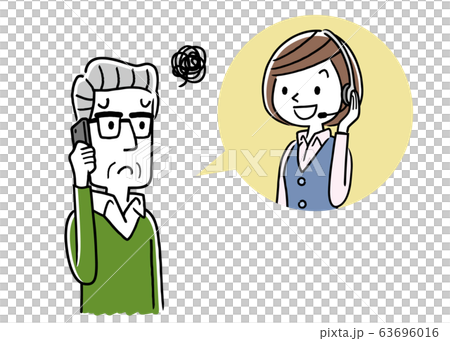 イラスト素材: コールセンター、オペレーターの女性と会話するシニア男性 イラスト素材: コールセンター、オペレーターの女性と会話するシニア男性 63696016