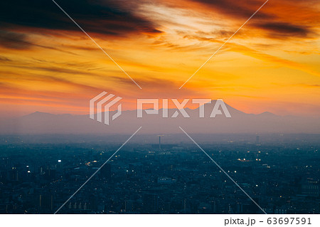 Mountain fuji and cityscape at sunset in Tokyo, Japan Mountain fuji and cityscape at sunset in Tokyo, Japan 63697591