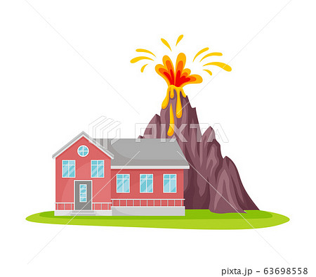 Volcano Eruption Near Residential House Isolated on White Background Vector Illustration 63698558