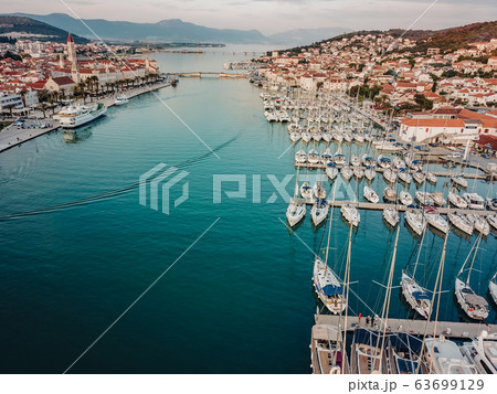 Aerial view, sailing yachts, motor yachts and catamarans, Croatia 63699129