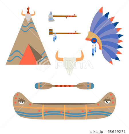 Vector color illustration icon set - ceremonial indian chief leather canoe, tomahawk, crown, wigwam, smoking pipe. Wild west indian folkloric decoration. Ethnic decorative object. Indigenous peoples. Vector color illustration icon set - ceremonial indian chief leather canoe, tomahawk, crown, wigwam, smoking pipe. Wild west indian folkloric decoration. Ethnic decorative object. Indigenous peoples. 63699271