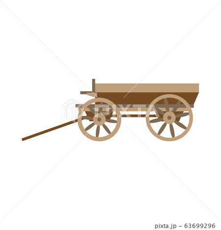 Vector illustration color icon with simplified prairie schooner waggon. Wild west cowboy authentic symbol. Background american folkloric decoration ethnic vintage object. Wooden farmers cart, caravan. 63699296
