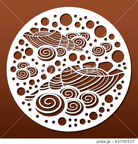 Laser cut template. Circular panel pattern for diy laser cutting. Design with seashells and underwater world.Vector ornament for paper art, fretwork, wall decor or wood coasters. 63700537