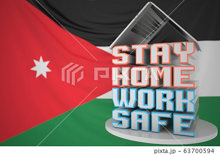 Portable computer and STAY HOME WORK SAFE inscription with flag of Jordan as a background. Jordanian Remote work, 3D rendering Portable computer and STAY HOME WORK SAFE inscription with flag of Jordan as a background. Jordanian Remote work, 3D rendering 63700594