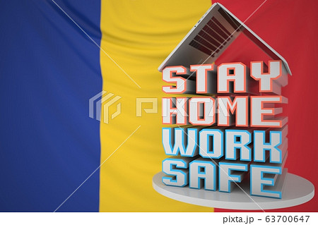 Laptop and STAY HOME WORK SAFE text on the Romanian flag background. Remote work during COVID-19 disease outbreak in Romania, 3D rendering 63700647