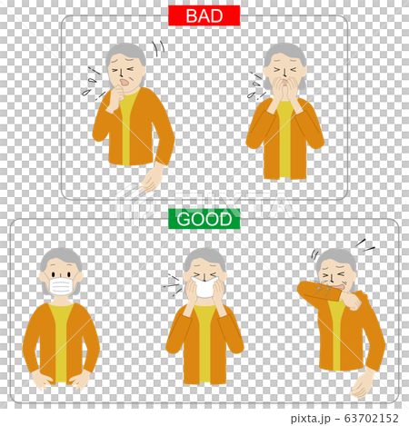 咳やくしゃみが出た時の対処方法(咳エチケット)のイラスト・シニア女性 咳やくしゃみが出た時の対処方法(咳エチケット)のイラスト・シニア女性 63702152