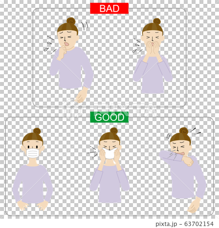咳やくしゃみが出た時の対処方法(咳エチケット)のイラスト・女性 咳やくしゃみが出た時の対処方法(咳エチケット)のイラスト・女性 63702154