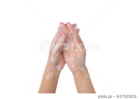 Female soapy hands. Hand wash. disinfection. Purity. isolated on white background Female soapy hands. Hand wash. disinfection. Purity. isolated on white background 63702829
