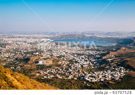 Pichola lake and old town from Monsoon Palace in Udaipur, India 63707528