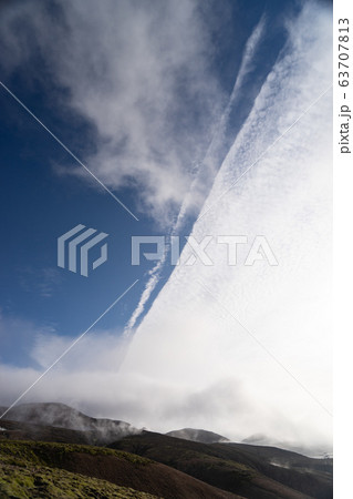 Unusual clouds on the sky with Panoramic view of mountain with Volcanic landscape. Laugavegur trek in Iceland 63707813