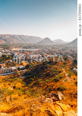 Pushkar town panorama view from Papmochani Mata Hindu Temple in Pushkar, India Pushkar town panorama view from Papmochani Mata Hindu Temple in Pushkar, India 63709983