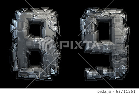 Set of numbers 8 and 9 made of metal isolated on black background. 3d Set of numbers 8 and 9 made of metal isolated on black background. 3d 63711561