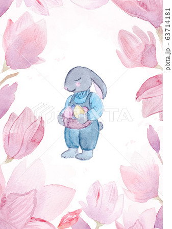 Watercolor Easter bunny with eggs and flowers. 63714181