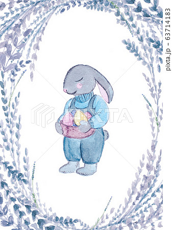 Watercolor Easter bunny with eggs and flowers. Watercolor Easter bunny with eggs and flowers. 63714183
