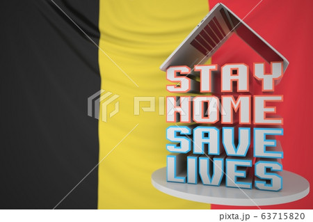Portable computer and STAY HOME SAVE LIVES inscription with flag of Belgium as a background. Belgian COVID-19 outbreak self-isolation. 3D rendering Portable computer and STAY HOME SAVE LIVES inscription with flag of Belgium as a background. Belgian COVID-19 outbreak self-isolation. 3D rendering 63715820