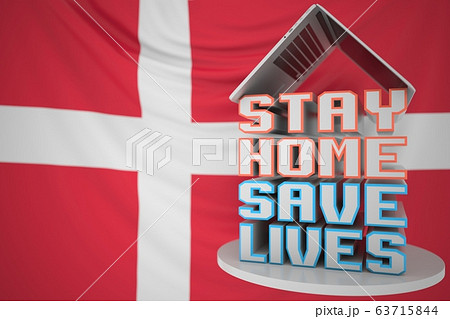 Laptop and STAY HOME SAVE LIVES text on the Danish flag background. Social distancing during COVID-19 outbreak in Denmark. 3D rendering 63715844