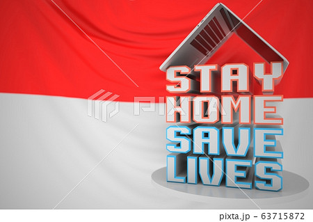 Laptop and STAY HOME SAVE LIVES text on the Indonesian flag background. Social distancing during COVID-19 outbreak in Indonesia. 3D rendering 63715872