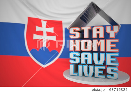 STAY HOME SAVE LIVES text and open laptop against the Slovak flag. Social distancing during COVID-19 outbreak in Slovakia. 3D rendering 63716325