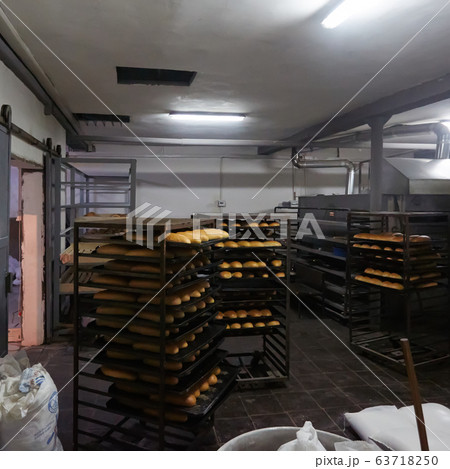Baking tray with tasty bread, indoors. Pallets with freshly baked bread. Industrial production of bread in the bakery 63718250