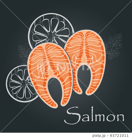 Salmon steak on dark background. Slice of red fish 63721011