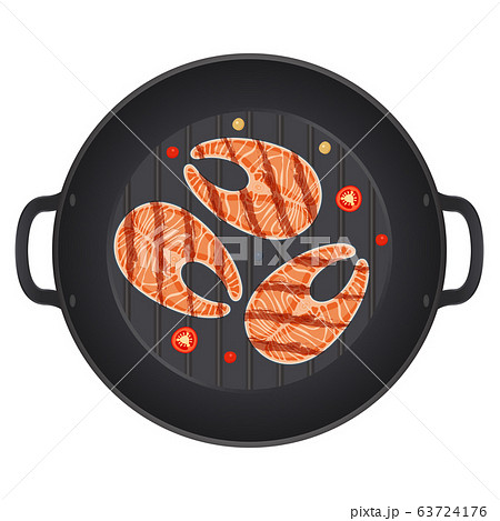 Grilled salmon steak in a pan with chili peppers, 63724176