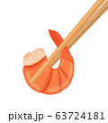 Boiled shrimp in chopsticks. Cooked tiger prawn. 63724181