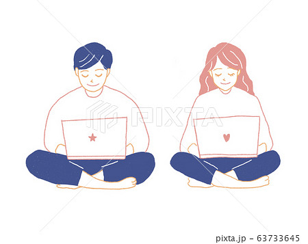 ノートパソコンとカップルのイラスト素材