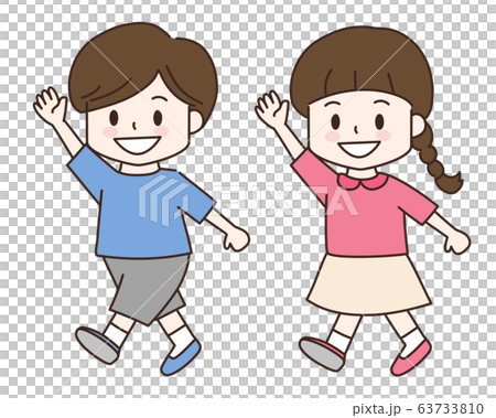 手を挙げて歩く男の子と女の子のイラスト素材