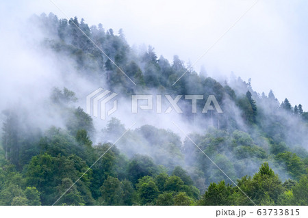 High mountain with green slopes hidden in clouds and fog 63733815