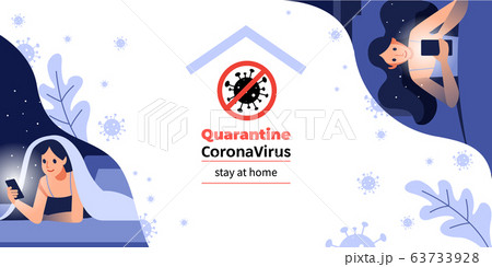 I Stay at Home Stay Safe. Working from home. Online communication Girlfriends via the Internet For Prevent Virus Covid-19. Stay Home on Quarantine During the Coronavirus Epidemic.Vector Illustration. 63733928