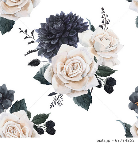 Beautiful vector seamless floral pattern with watercolor blue flowers and white roses. Stock illustration. 63734855