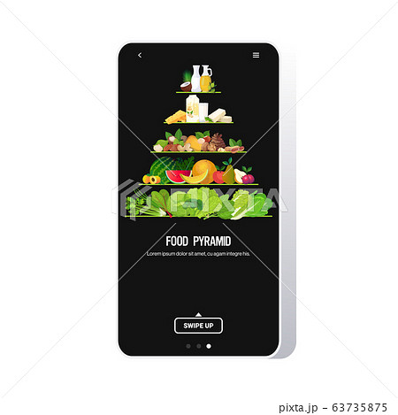 healthy food and drink pyramid healthy eating diet different groups of organic nutrition concept cereals grains fruits vegetables dairy milk herbs oil products set mobile app 63735875