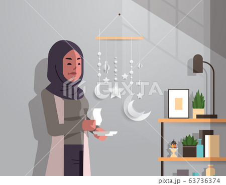 arabic woman in traditional clothes drinking coffee celebrating ramadan kareem holy month modern living room interior flat vertical portrait 63736374