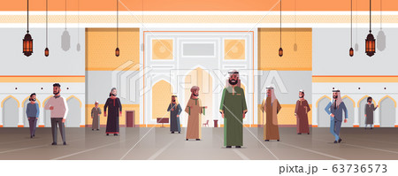 arab men coming to nabawi mosque building muslim religion concept arabic people in traditional clothes ramadan kareem holy month horizontal flat full length 63736573