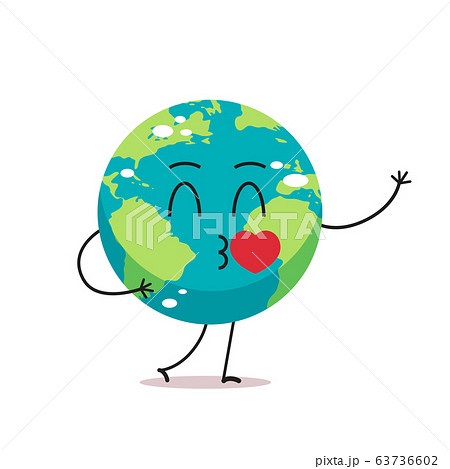 cute earth character blows kiss cartoon mascot globe personage with heart showing facial emotion save planet concept isolated 63736602