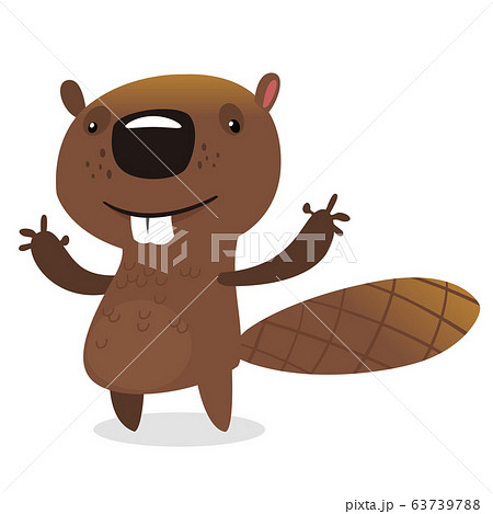 Cute Cartoon Vector Beaver Waving With His Handsのイラスト素材