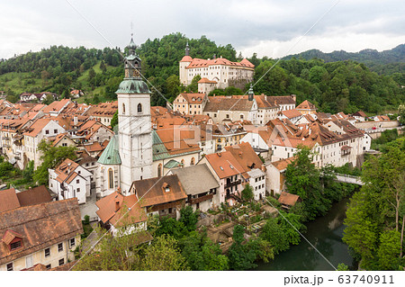 Panoramic aerial view of medieval old town of Skofja Loka, Slovenia 63740911
