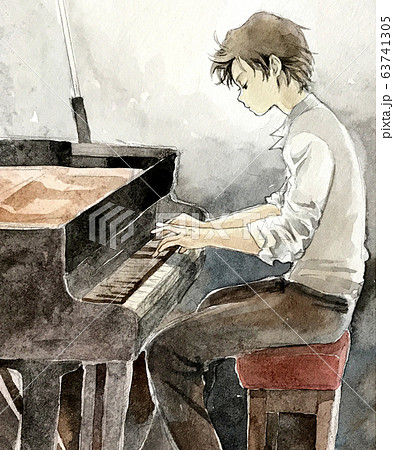 ピアノを弾く男の子 水彩のイラスト素材