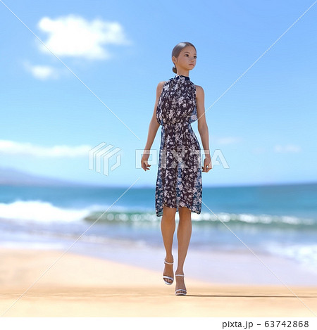 海辺に立つサマードレスの女性 Pering3dcg イラスト素材のイラスト素材