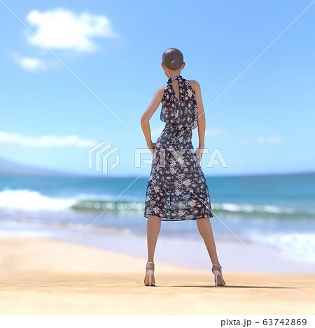 海辺に立つサマードレスの女性 Pering3dcg イラスト素材のイラスト素材