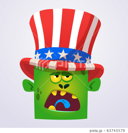 Funny green cartoon monster wearing Uncle Sam hat. Funny green cartoon monster wearing Uncle Sam hat. 63743579