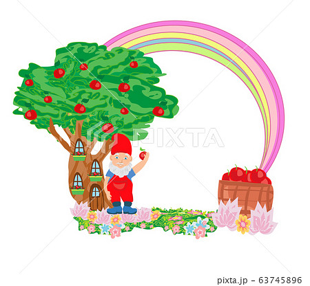 Fantasy Tree House And Cute Dwarf Fairy Frameのイラスト素材